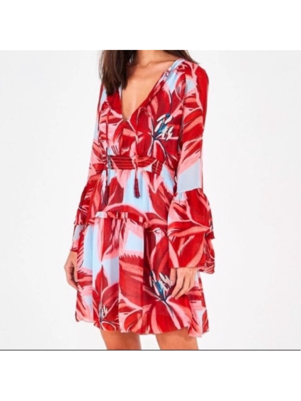 Farm Rio Azalea Red Floral V-Neck Tiered Mini Dress, size small